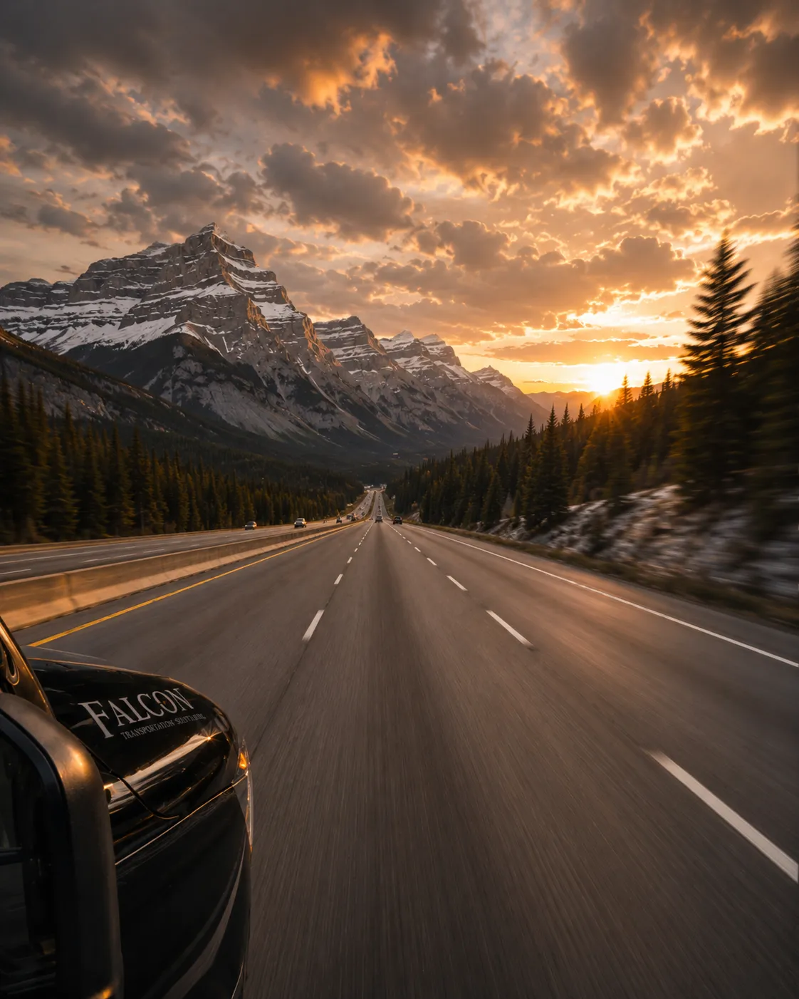 falcon bus alberta highway sunset